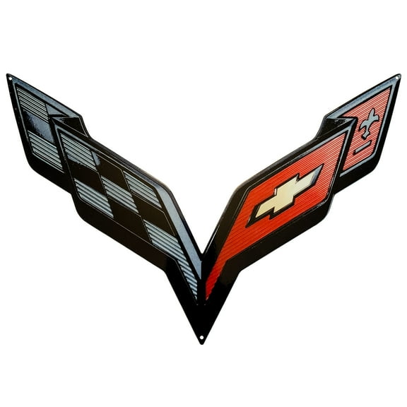 C7 Corvette BLACK Crossed Flag Wall Emblem Large Metal Art 14 thru 19 Full 24" x 15"