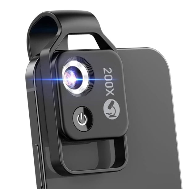 Mini Microscopio de Bolsillo para Teléfono 200X con Luz LED/Clip Universal, Cámara de Microscopio Digital Portátil (Negro, con CPL)