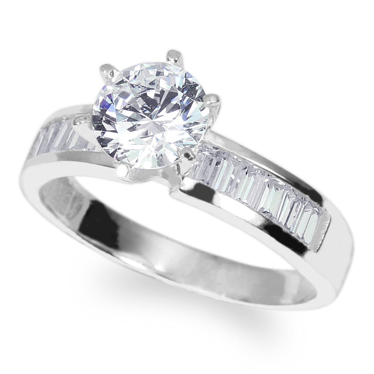 Ladies White Gold Plated Solid  Solitaire Ring with Accents 1.1CT CZ Clear Stone 