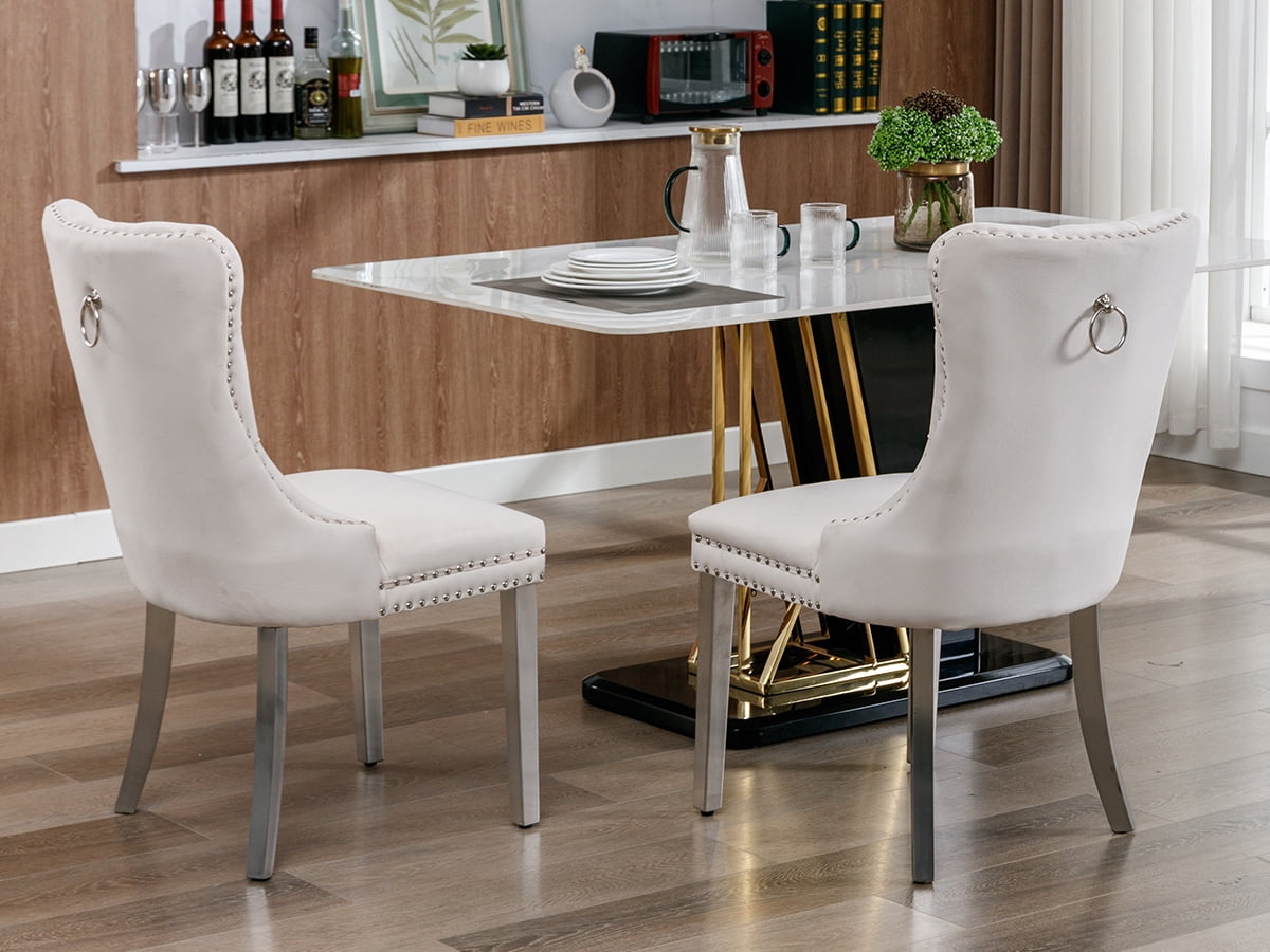 ODUSE-DAILY Beige Velvet Dining Chairs Set of 4, Kitchen & Dining Room Chairs, Tufted Dining Chairs, Fabric Upholstered, Chrome Silver Metal Legs (Beige, 4 Pcs)