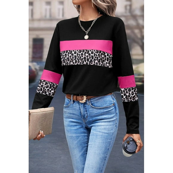 a.Jesdani T-Shirt Léopard Rose Vif - Haut à Manches Longues Chic et Confortable!