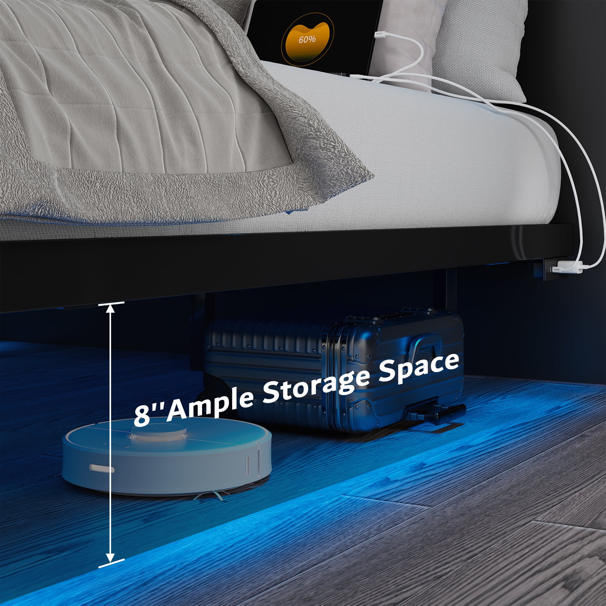 Virans Twin Size Floating Bed Frame with RGB LED Lights and Charging Station, Heavy Duty Metal Platform Beds, No Box Spring Needed, Black