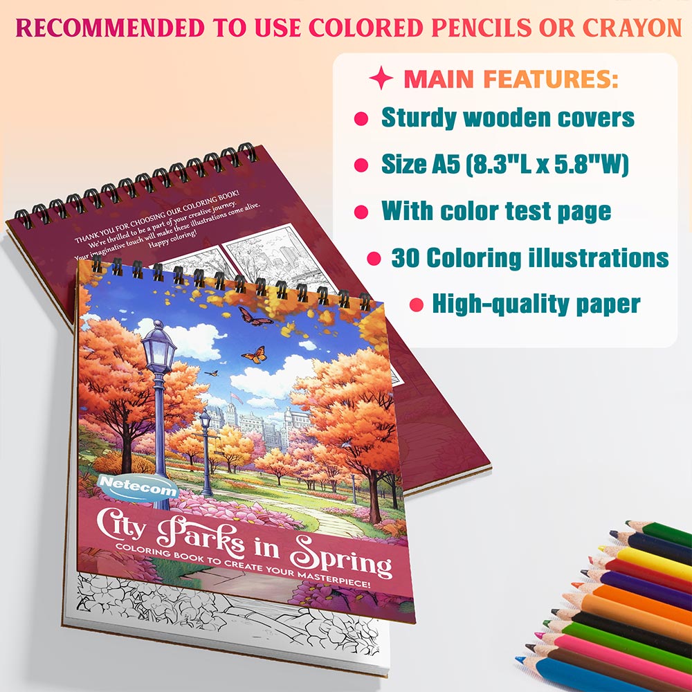 Netecom City Parks in Spring Coloring Book Spiral Bound for Adults, A5 Wooden Cover, 30 Vibrant Coloring Pages of Springtime Bliss in City for Stress Relief and Relaxation