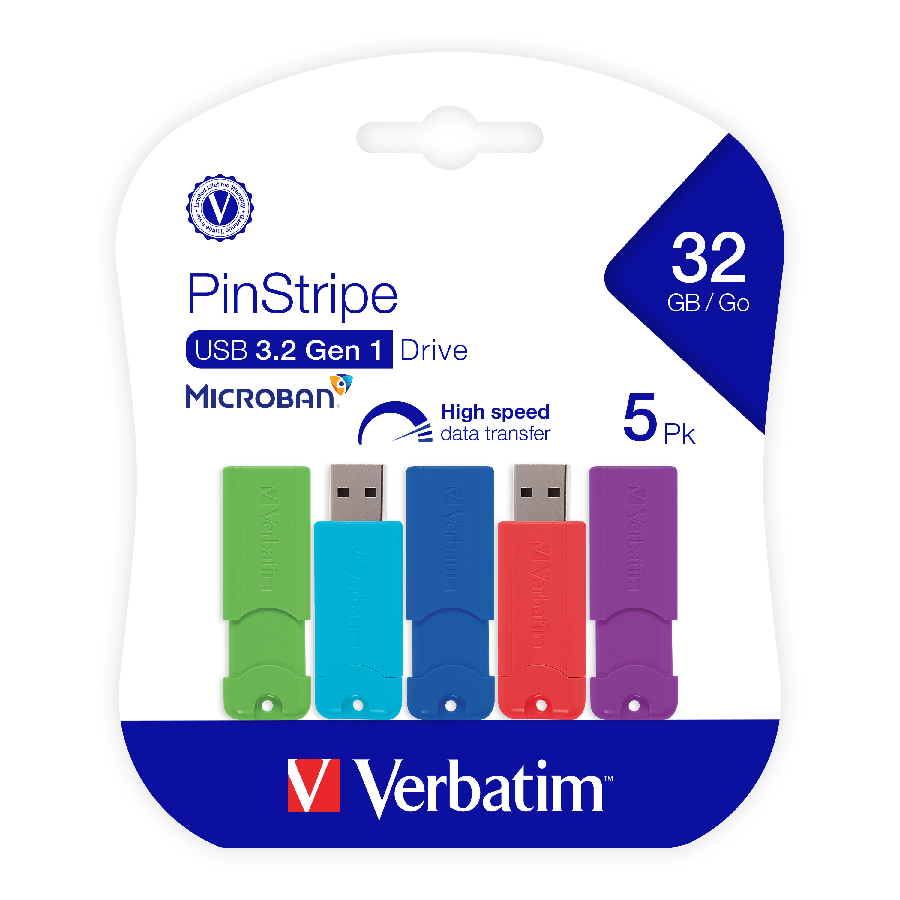 Verbatim 32GB PinStripe USB 3.2 Gen 1 Flash Drive – 5pk – Assorted