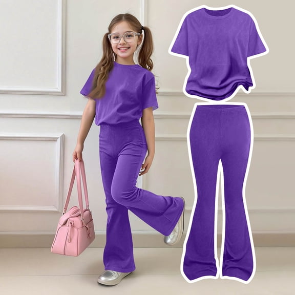 Abcomgle Girls Two Piece Sets Size 7-8 Solid Short Sleeve Shirts and Flare Leg Pants Cute Preppy Girls Summer Clothes,Dark Purple,3-4Years