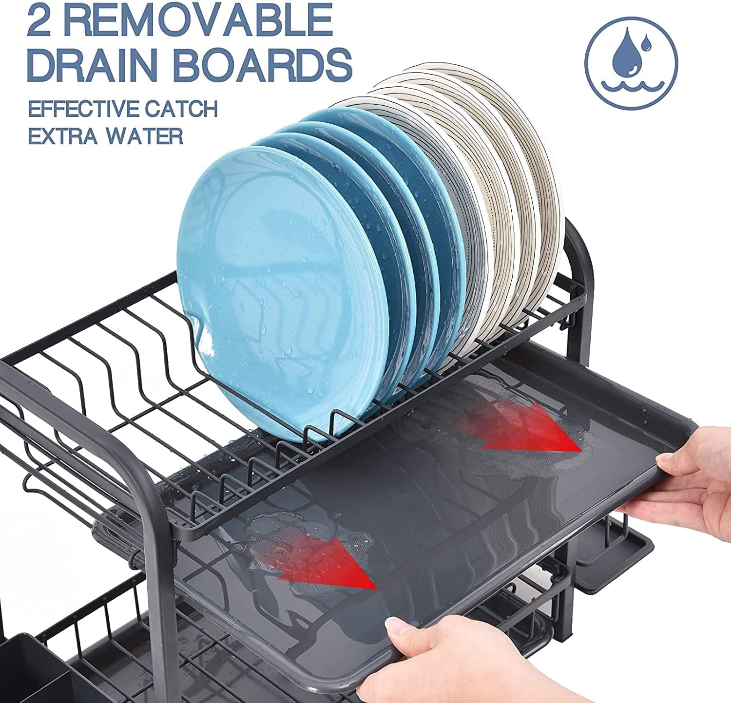 Dish Drying Rack, KK KINGRACKE Large 2-Tier Dish Rack with Drainboard Set for Kitchen Counter, Black
