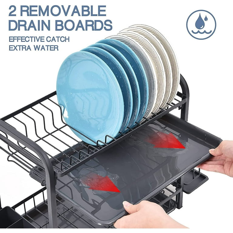Yoneston Dish Drying Rack, 2-Tier Dish Drying Rack with Water Tray, Utensil  Holder, Cutting Board Holder for Small Space Kitchen Counter or Sink Side 