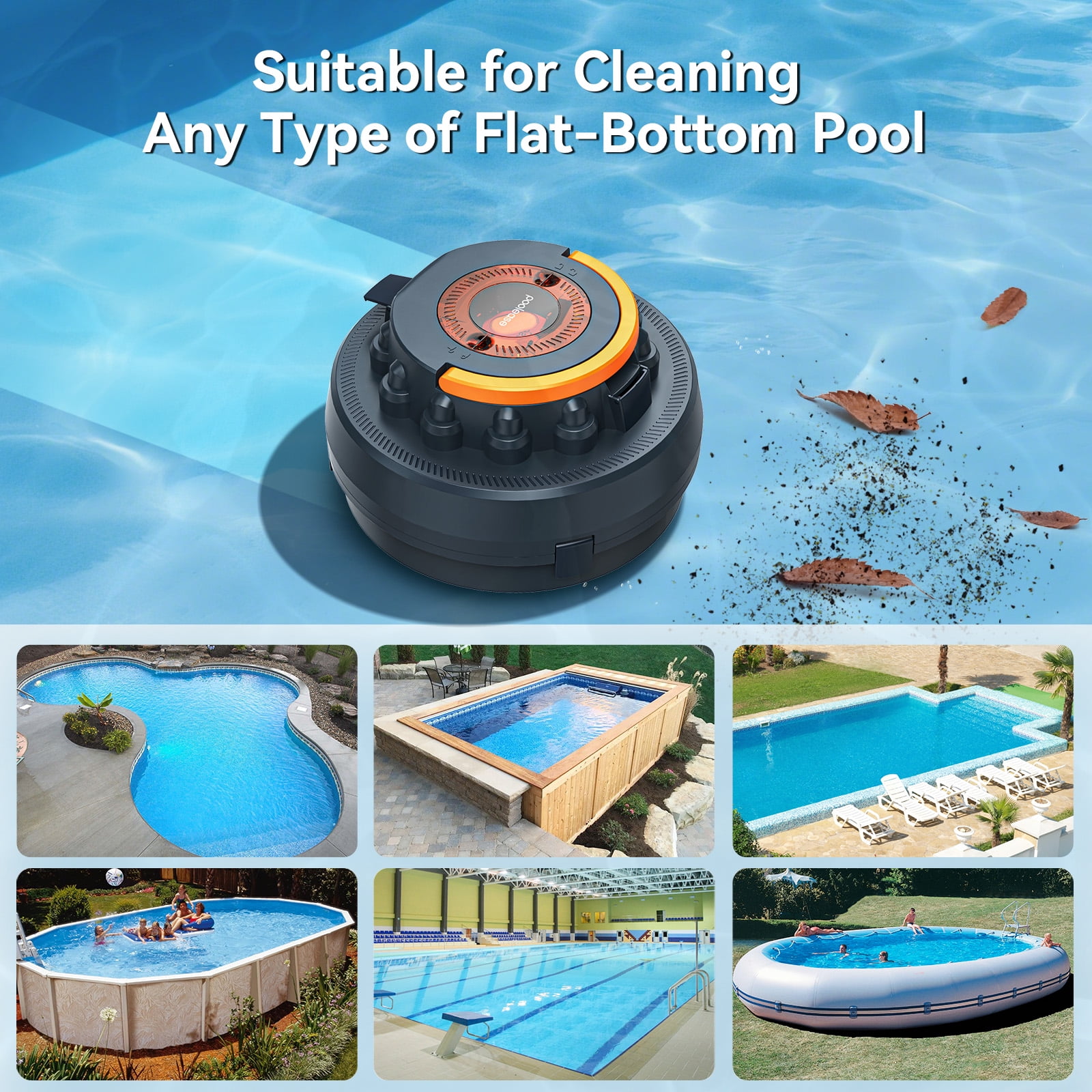 Poolease Swimming Pool Vacuum, Cordless Robotic Pool Cleaner, 2L Debris Tank, Auto-Parking, 9 Safety Protections, 40% Bigger Suction Inlets, for Pool Cleaning