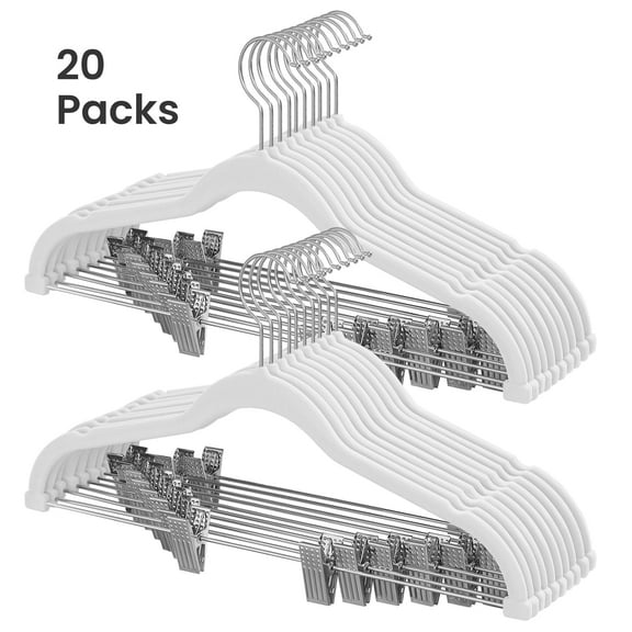 20 Pack Skirt Pants Hangers 17 Inch Long Velvet Clips Hangers with Adjustable Clips Non-Slip for Skirts Coats Dresses White