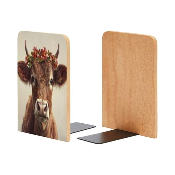 Bookends 1 Pair Non-Skid Bookend Wood Bookends for Shelves Book Stand for CDs - Cute Brown Cow With Floral Headband