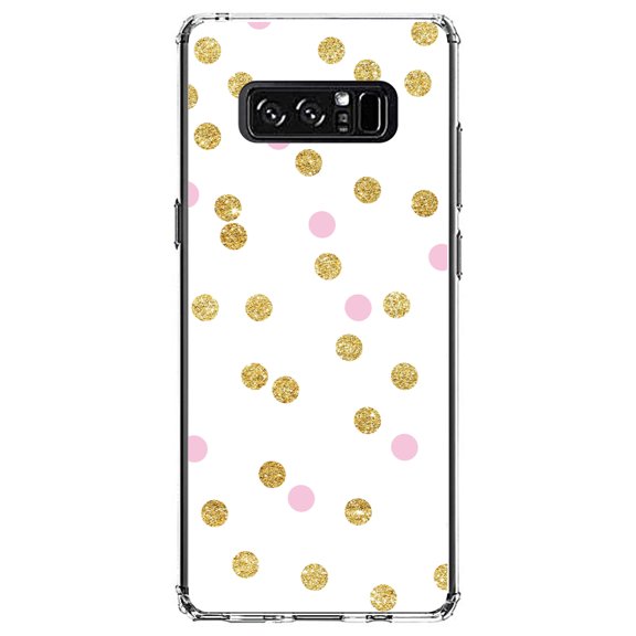 DistinctInk Clear Shockproof Hybrid Case for Samsung Galaxy Note 8 - TPU Bumper, Acrylic Back, Tempered Glass Screen Protector - Pink & Gold Print - White / Pink / Gold Dots Pattern