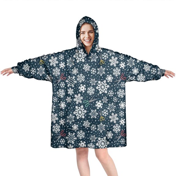 Wearable Oversized Blanket,Dark Blue Christmas Snowflake Pattern Wearable Blanket Hoodie for Adults,Cozy Hooded Blankets with Super Pockets,Super Warm Fuzzy Pullover for Women & Men