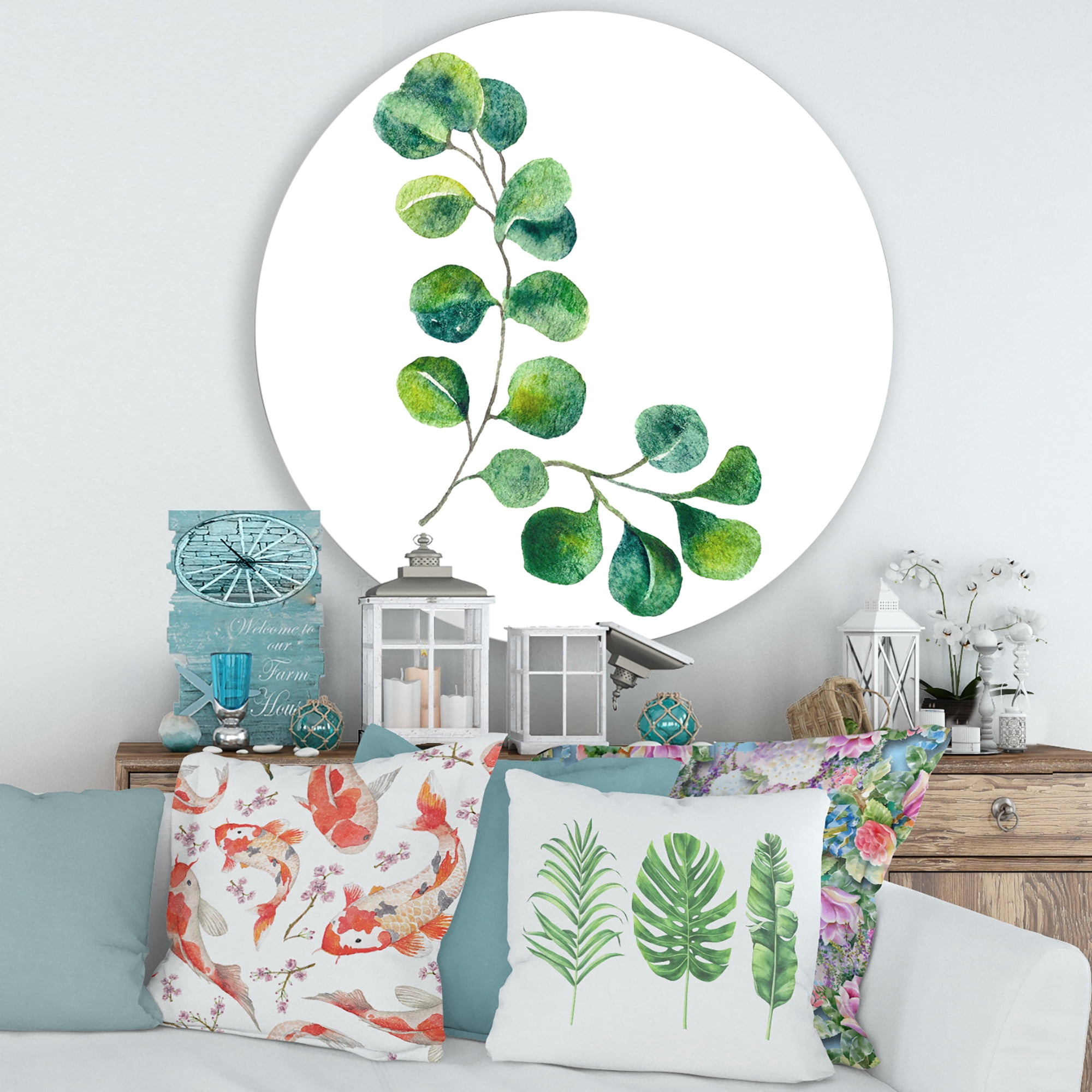 Designart 'Green Eucalyptus Plant Branches II' Traditional Circle Metal Wall Art 29x29 - Disc of 29