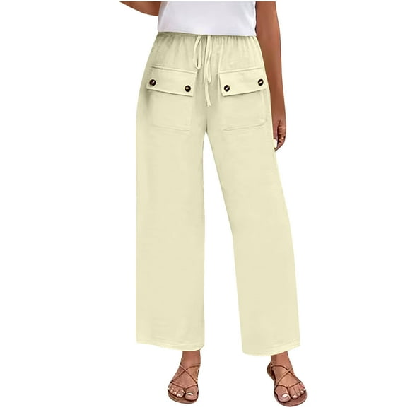 LLYwey in Clearance Plus Size Pants for Women Ladies Solid Color Pocket Button High Waisted Drawstring Casual Sports Straight Leg Pants New Full Length Pants Trousers Regular Fitted Khaki M