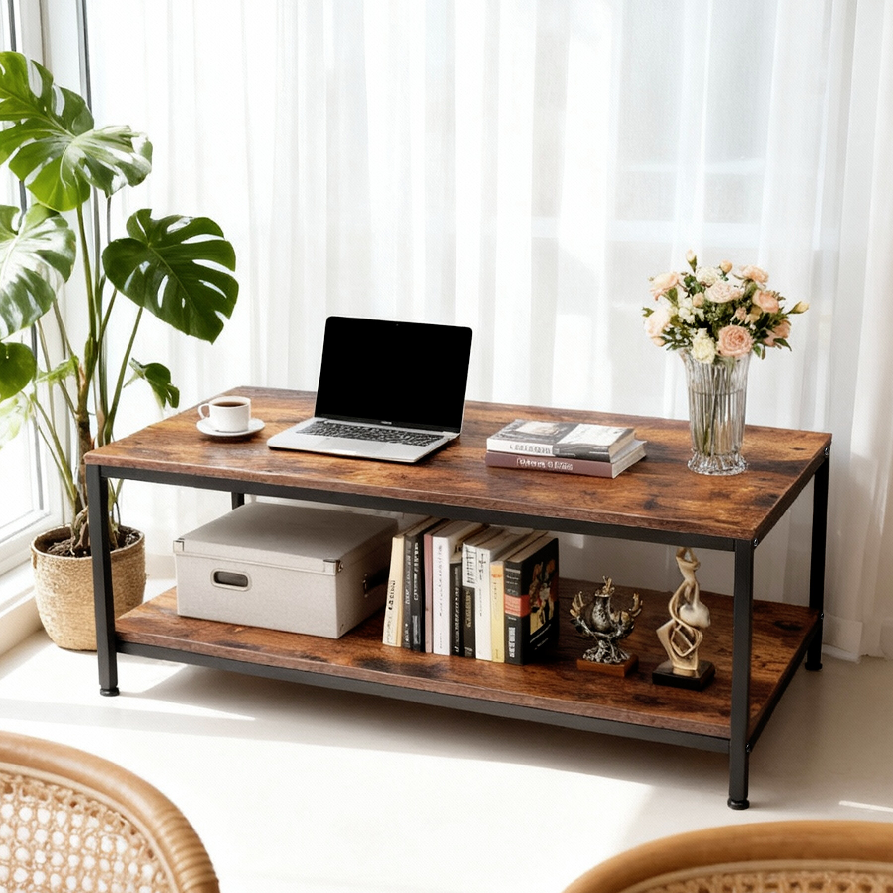 ZENY Modern Rectangle 2-Tier Coffee Table for Living Room Wood Frame, Brown