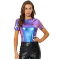 thumbnail image 1 of INSPIRE CHIC Women's Party Metallic Textured Short Sleeve Shiny Multicolor Top Small Blue Purple, 1 of 5