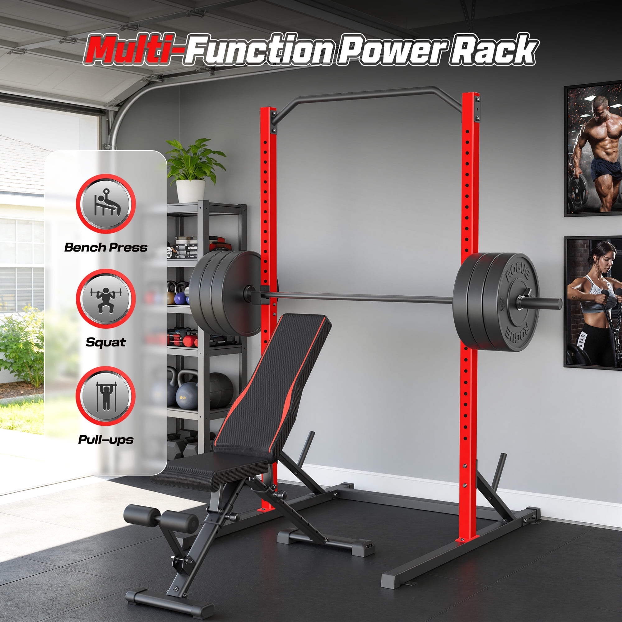 VIBESPARK Power Rack, Multi-Function 800LBS Adjustable Barbell Power Cage with Pull-up Bar and J-Hooks, Bench Press Squat Rack for Home Gym Fitness Equipment, Power Squat Rack