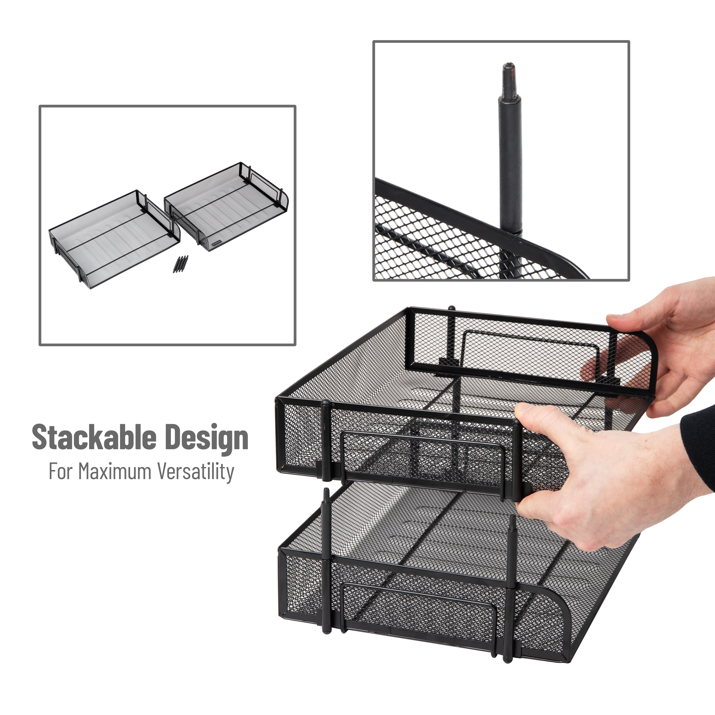 Mind Reader 2-Pack Stackable Metal Mesh File Holder Trays, Document Holder, Desktop File Organizer, Black