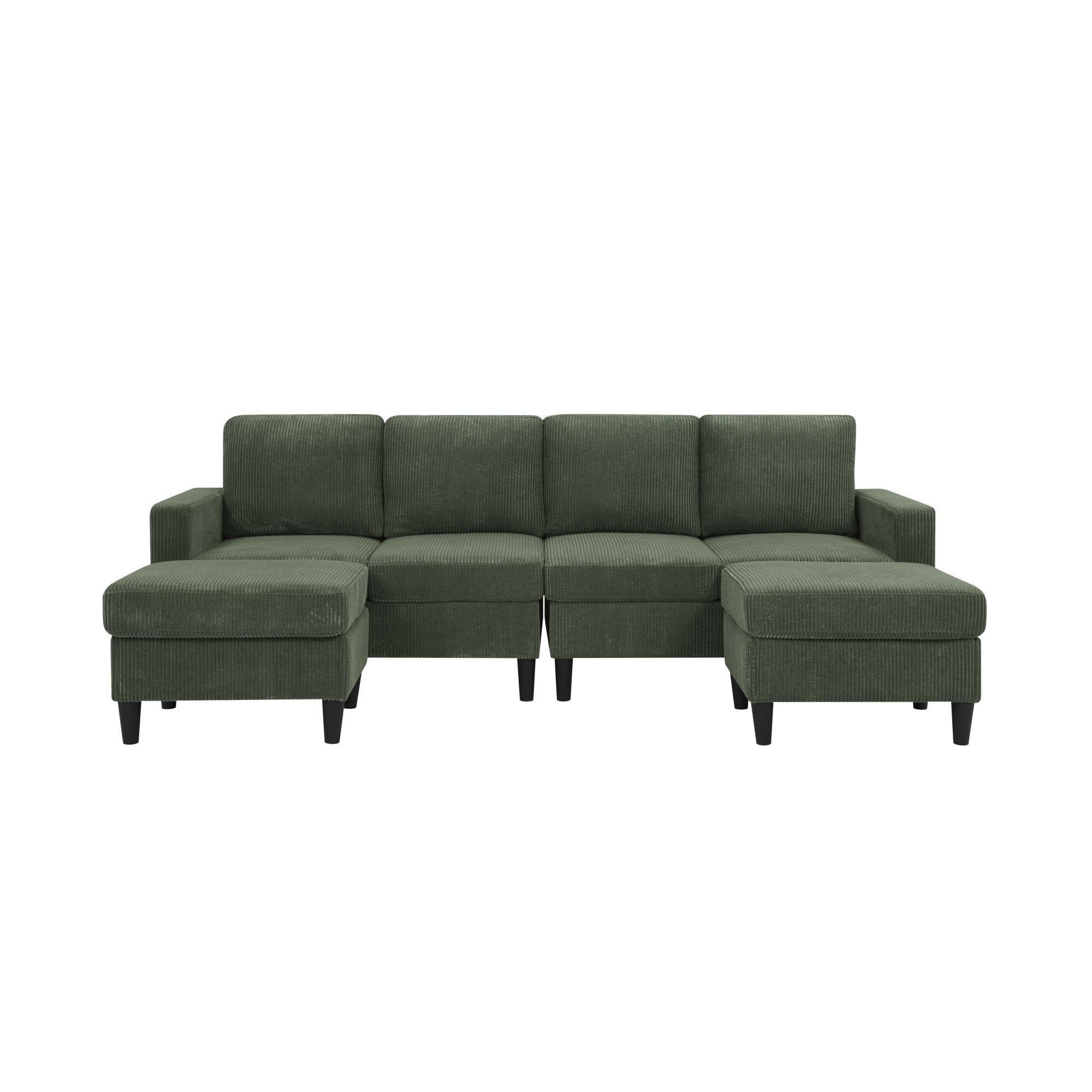 DEALTOPS 101" U-Shaped Modular Sectional Sofa with 2 Ottomans, Corduroy 4-Seater Cloud Couch for Living Room, Green