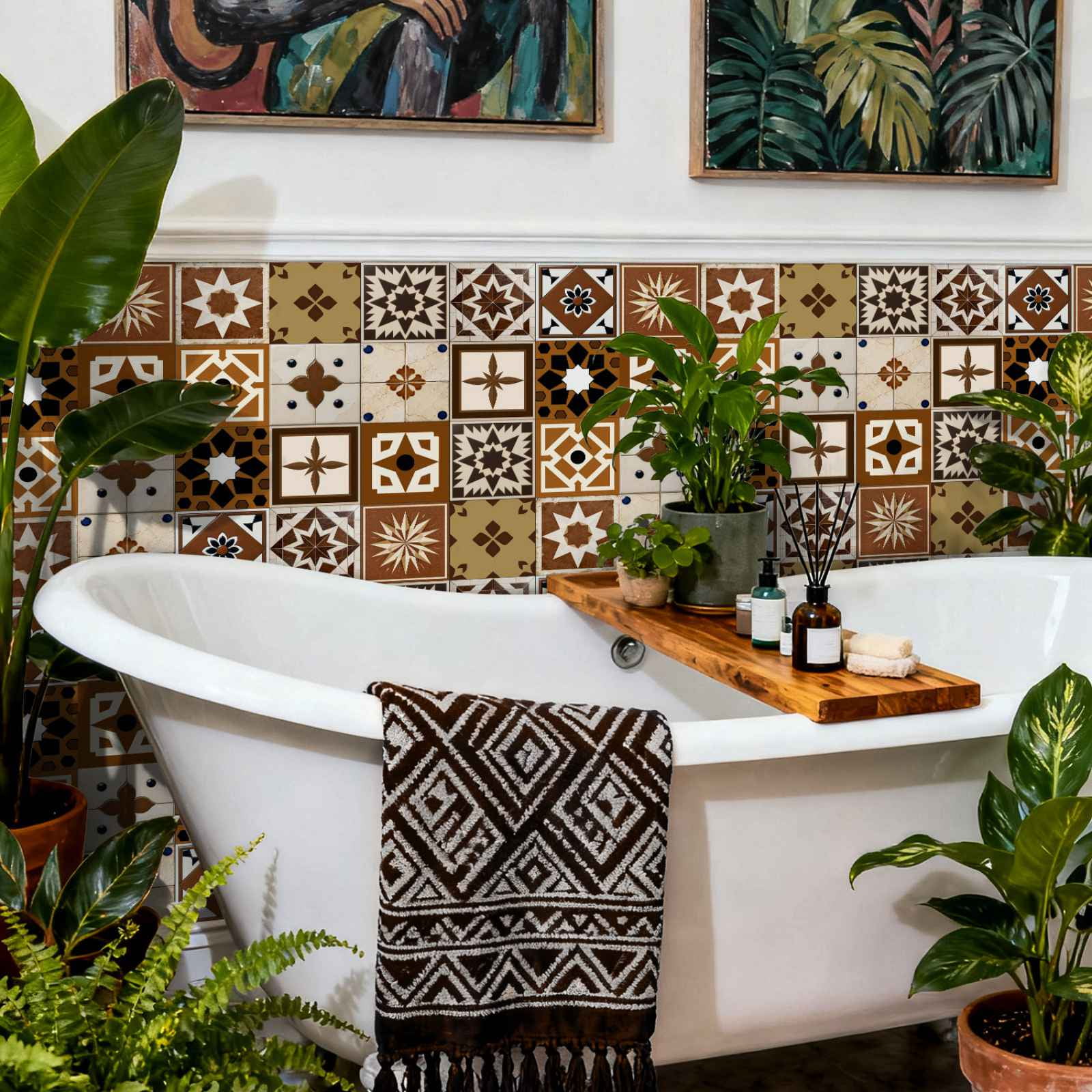 24PCS Mediterranean Style Peel and Stick Wall Tile Decals - 6"x6" Vintage Waterproof Vinyl Moroccan Bohemian Stickers for Kitchen Backsplash, Bathroom, Stair Riser Decor