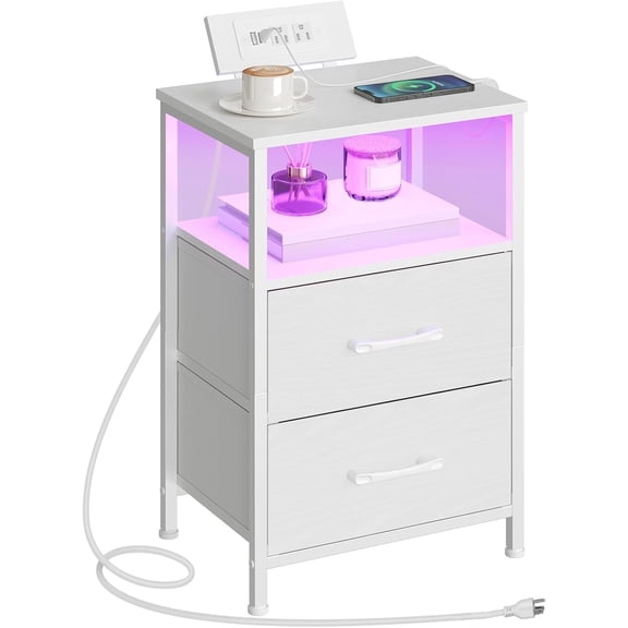 LED Nightstand with Charging Station, Small Bedside End Table, 2 AC Outlets & USB Port, 2 Fabric Storage Drawers, for Bedroom, White
