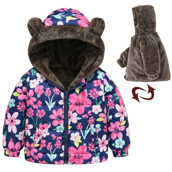 Uxgjfwu Girls Jackets Toddler Baby Boys Girls Flower Print Plush Cute Winter Thick Casual Keep Warm Hooded Coat Jacket
