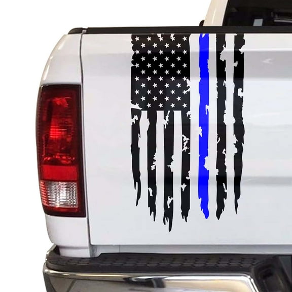 Distressed Thin Blue Line Flag Police Officers Law Enforcement Flag USA Sticker Truck Tailgate Vinyl Decal Compatible with most Pickup Trucks Respect & Honor Flag (11" x 20", Black & Blue)