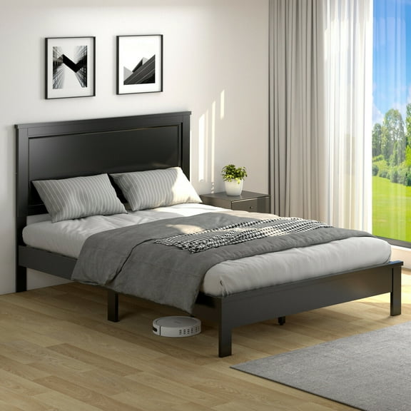 Gymax Black Full Size Bed Frame Platform Slat High Headboard Bedroom Rubber Wood Leg