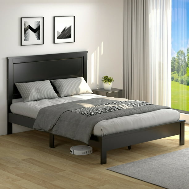 Gymax Black Full Size Bed Frame Platform Slat High Headboard Bedroom ...