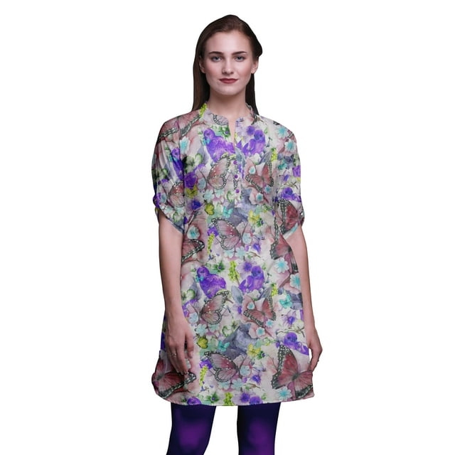 Bimba Kurtis Courtes pour Femmes Imprimées à Col Mandarin Robe à Manches Retroussables