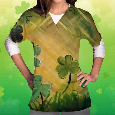 

Ozmmyan Womens Tops St Patricks Day Scrubs for Women s Short Sleeved V-neck Shirt St Patrick Printed With Pocket Protector
