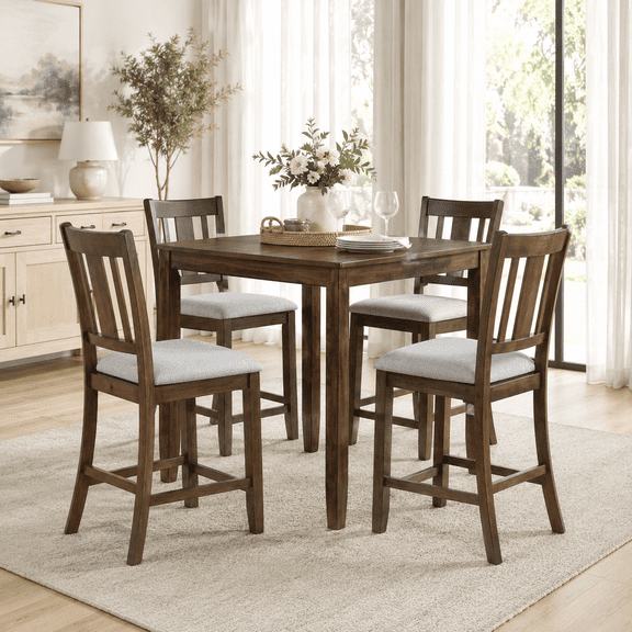 PAPROOS Solid Wood Dining Table, Counter Height Square Kitchen Table for Small Space, Farmhouse Acacia Wooden Dinner Table for 4, Walnut(Only Table)