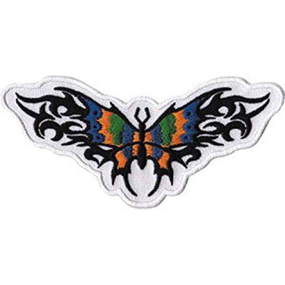 tribal butterfly, blue green yellow, officially licensed artwork, iron-on / sew-on, 4.5' x 2' embroidered patch