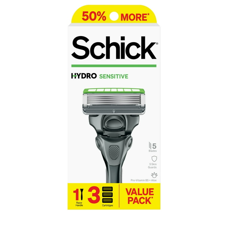 Schick Hydro Sensitive Men's 5 Blade Razor Starter Kit, 1 Razor Handle with 3 Razor Refills, Value Pack