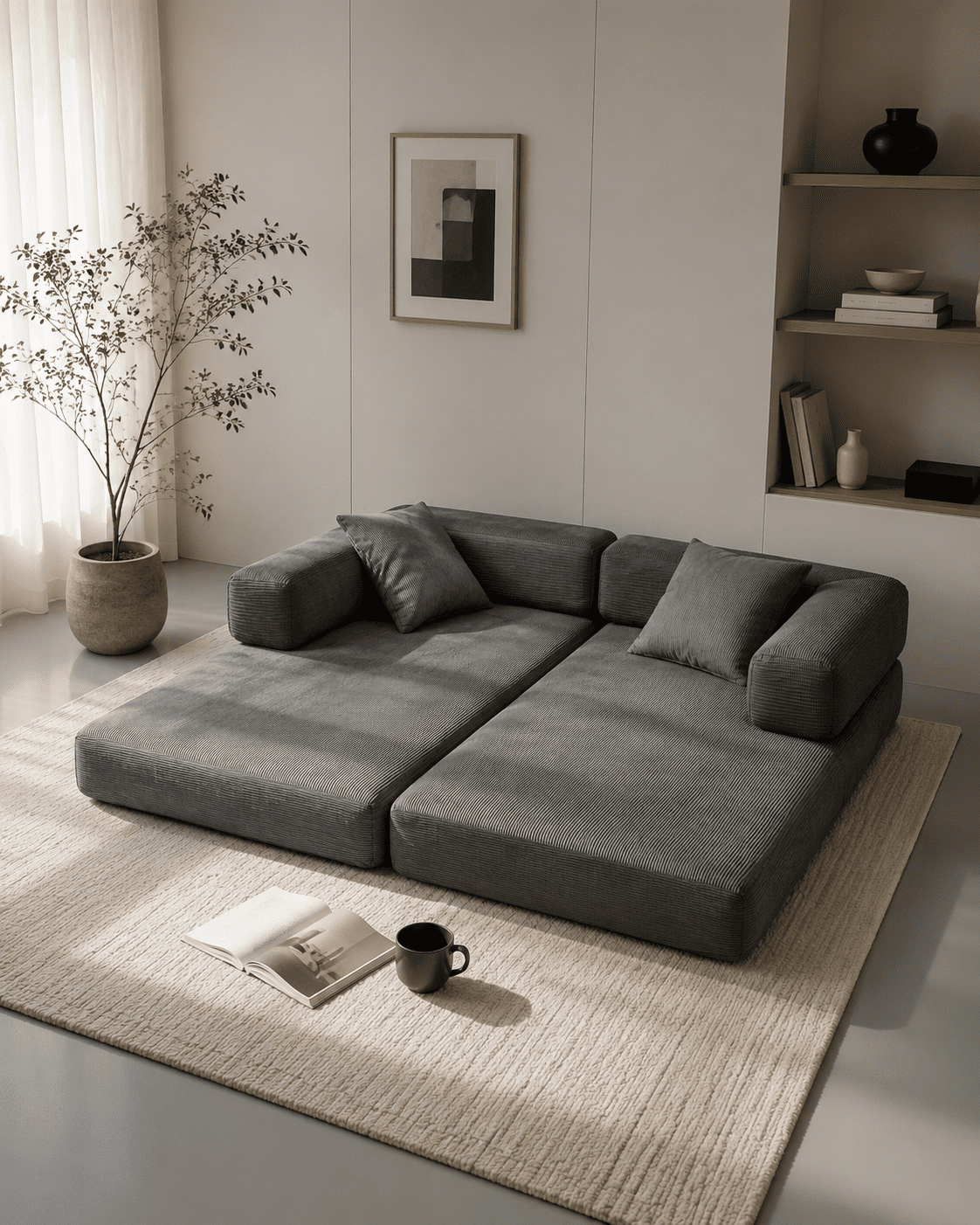 Garitin Sofa Bed and Convertible Floor Sofa 78.74 Inch, Corduroy Fabric Couch with Double Pillows for Living Room Bedroom, Antique Grey