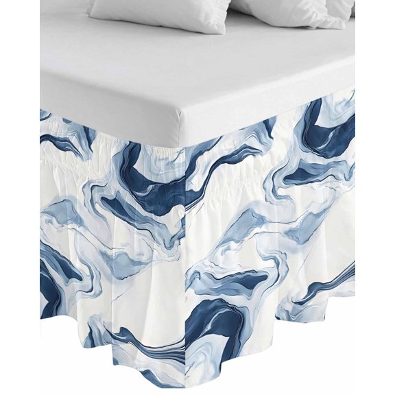 Marble Wrap Around Bed Skirts for California King Bed 16" Drop,Bed Skirt with Adjustable Elastic Belt Dust Ruffle Bed Valance Blue Abstract Neutral Textured Modern Watercolor Bed Frame Cover