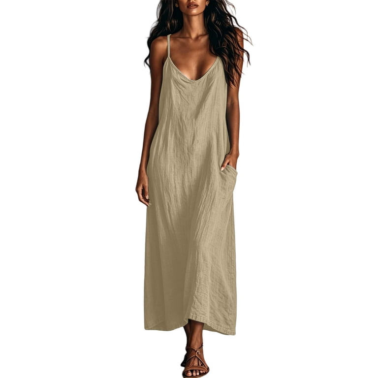 beach dress for ladies VBVC Women's Spaghetti Strap Cotton Linen Maxi , Boho Vacation Slip Dress Women , Ladies' Summer Long Dresses with Pockets, S-3XL beach dresses for girls