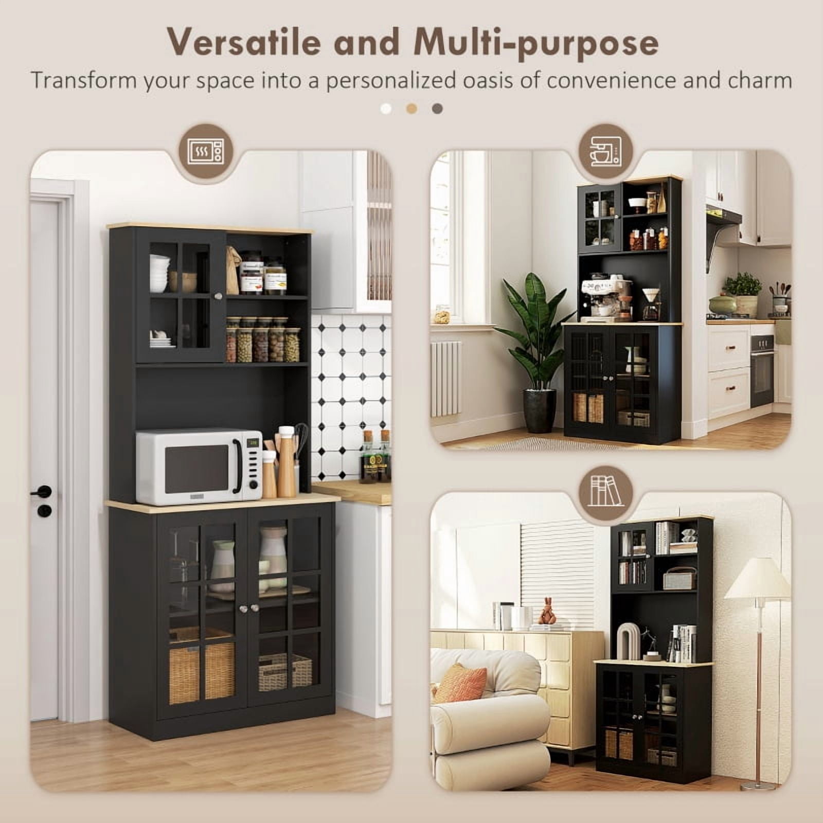 Alvantor Kitchen Pantry Storage Cabinet with Glass Doors, Hutch Countertop & Adjustable Shelves 31.5"x 14.5"x 72" Black
