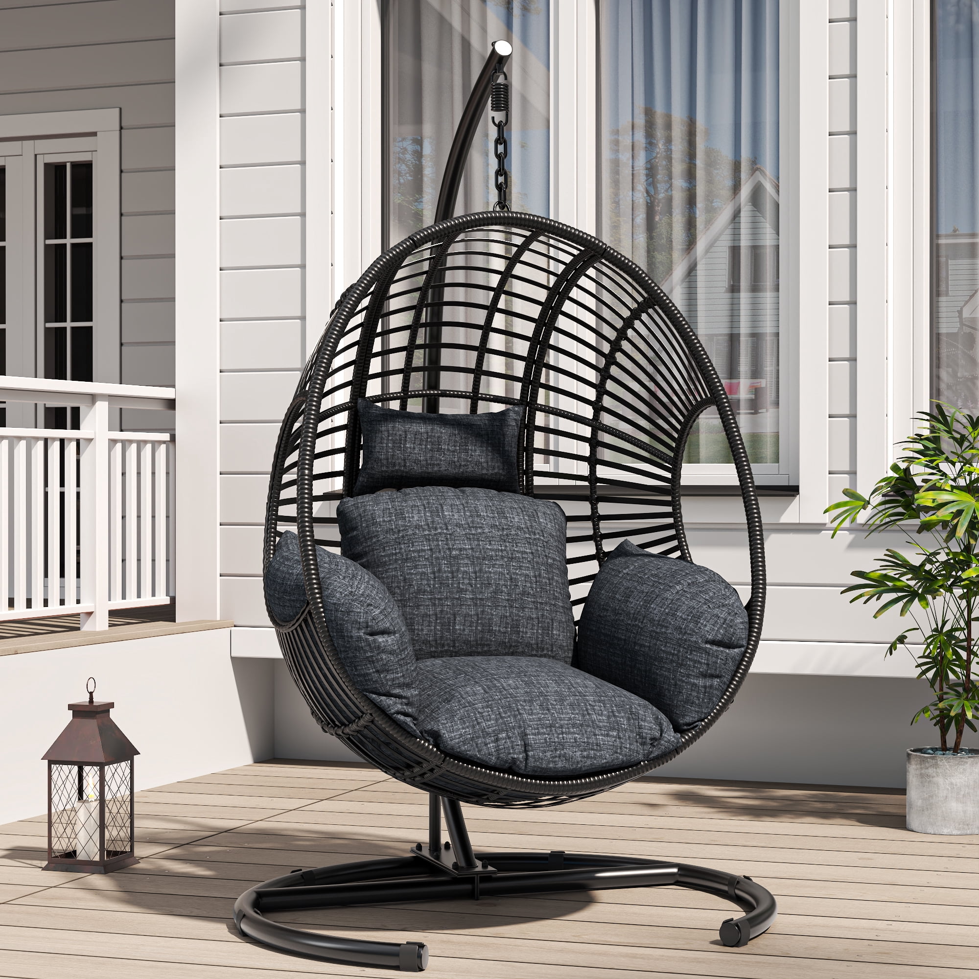 Extra Wide Hanging Egg Chair with U Base & Stand, 400 lb Capacity Patio Swing Chair with 8-Inch Thick Cushion, Weatherproof PE Rattan + Waterproof Cover for Garden, Black