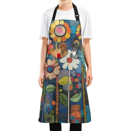 

Yayeee Apron for Cooking with Pockets Water Resistant Adjustable Neck Strap Blue Colorful Flowers