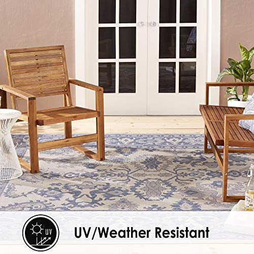 Nicole Miller New York Patio Country Ayana Transitional Border Indoor/Outdoor Area Rug, Grey/Blue, 5'2"x7'2"