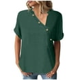 thumbnail image 2 of Elainilye Fashion Womens Tops Trendy Summer Loose Casual Solid Button Short Sleeve V-Neck Top Shirt Basic Tops,Green, 2 of 7