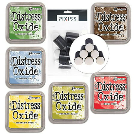 Tim Holtz Distress Oxide Ink Pads Summer 2018 Colors 6 Pad Bundle with 6 Pixiss Daubers, Barn Door, Mowed Lawn, Mustard Seed, Crushed Olive, Stormy Sky, Ground