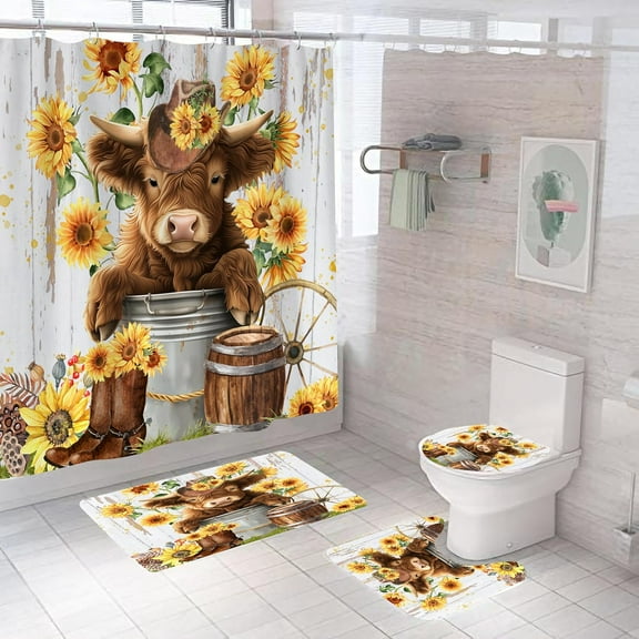 4PCS Cute Highland Cow Shower Curtain Set, Farmhouse Rustic Cattle Sunflower Western Waterproof Bathroom Accessories with Non-Slip Rugs, Toilet Lid Cover Bath Mat and 12 Hooks, Home Decor 72" x 72"