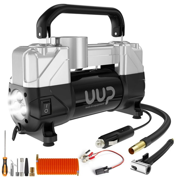 UUP Tire Inflator Air Compressor, 150PSI 12V DC Double Cylinders Heavy Duty Portable Air Pump w/Emergency LED Light for Truck, SUV, Car, RV (black1)