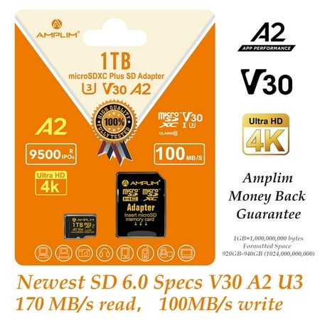 Image of Amplim 1tb Micro SD Card 170MB/S A2 Memory Card Plus Adapter 1 tb U3 Class 10 V30 UHS-I TF