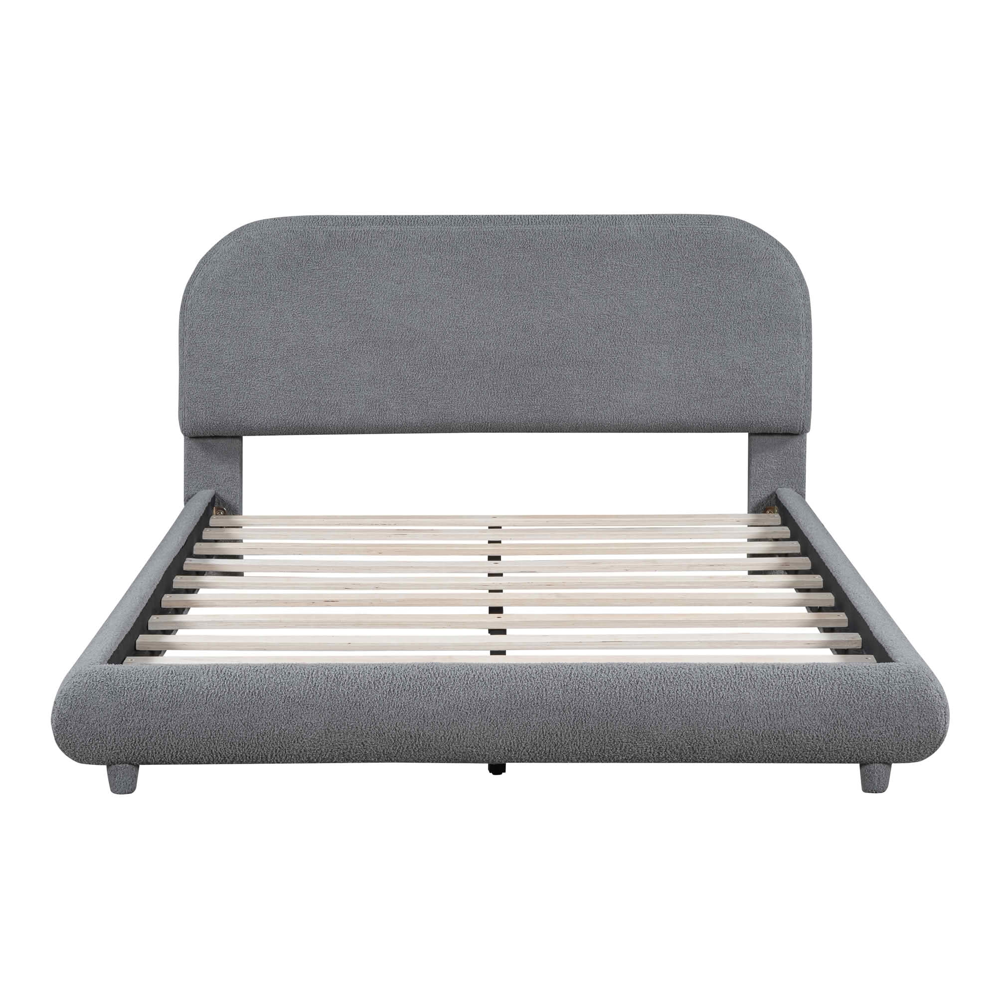 MAYEERTY Teddy Fleece Upholstered Platform Bed with Curved Design, Sturdy MDF Frame & Easy Assembly