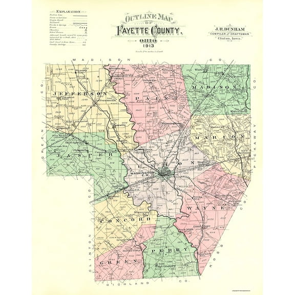 Historic County Map - Fayette County Ohio - Dunham 1913 - Vintage Wall Art