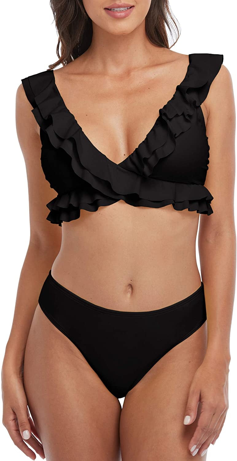 Dokotoo Womens High Waist Ruffle Bikini Set Deep V Neck Ribbed 2 Pieces Swimsuits Zipper Bathing Suit 