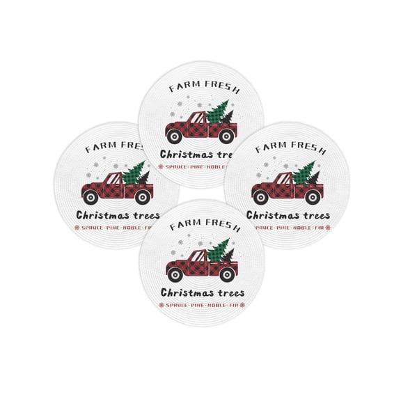Christmas Round Placemats Set of 4 Red Truck With Christmas Tree Place Mats Woven Placemat Farm Fresh Red Buffalo Check Plaid Circle Braided Table Mat for Kitchen Dining Table Party Decor 15 Inch
